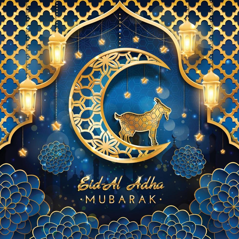 eid al adha mubarak con concepto de cabra y luna vector