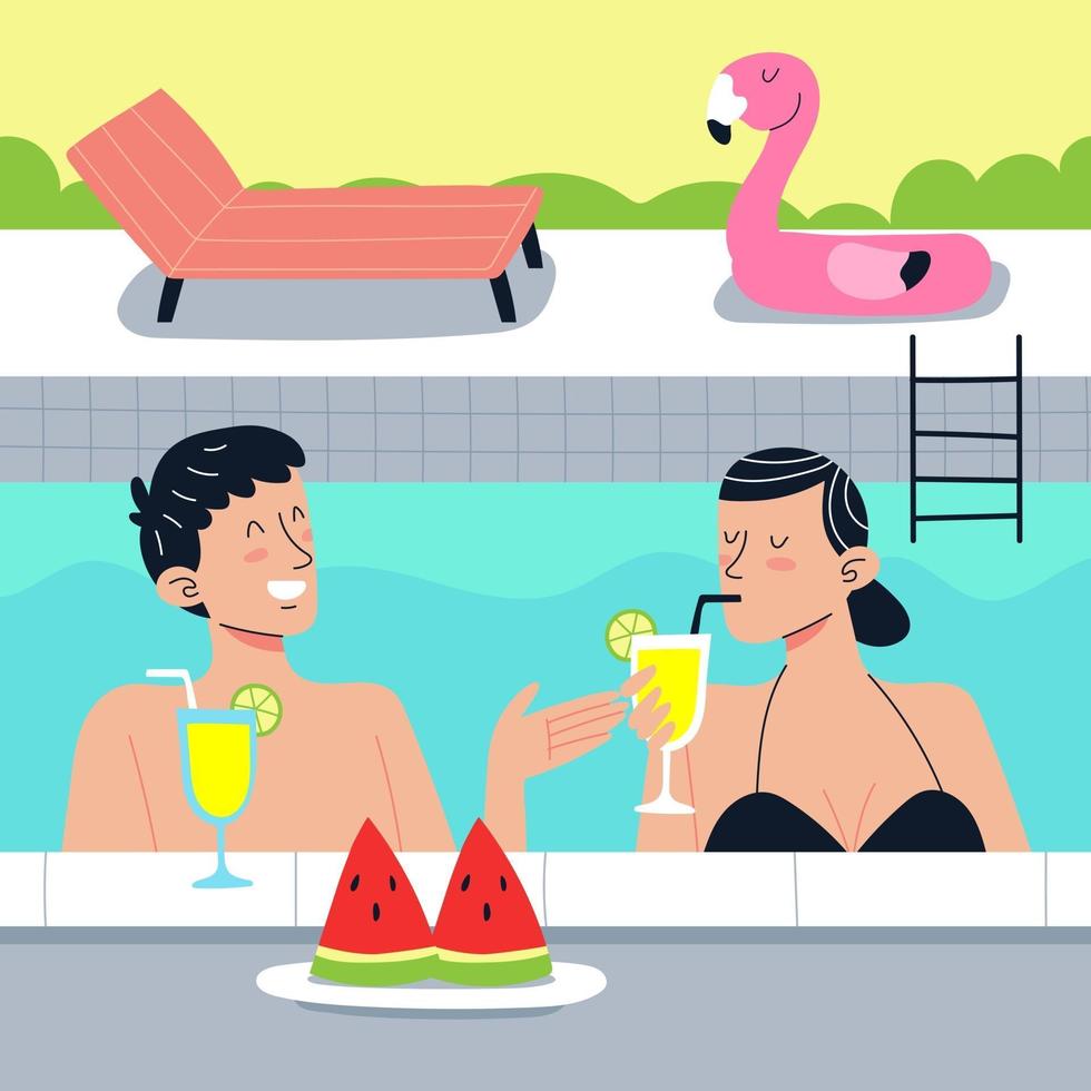 una pareja disfruta del verano en una piscina vector