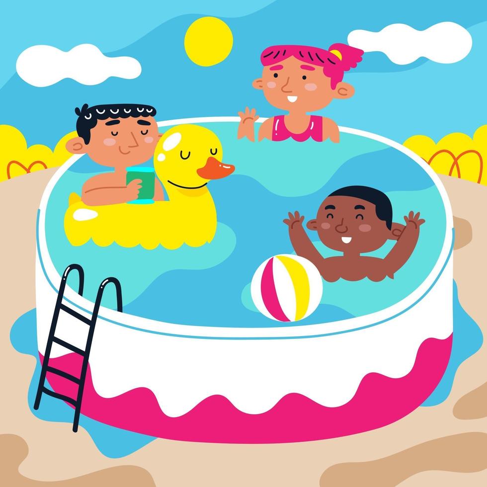 niños nadando en una piscina inflable vector