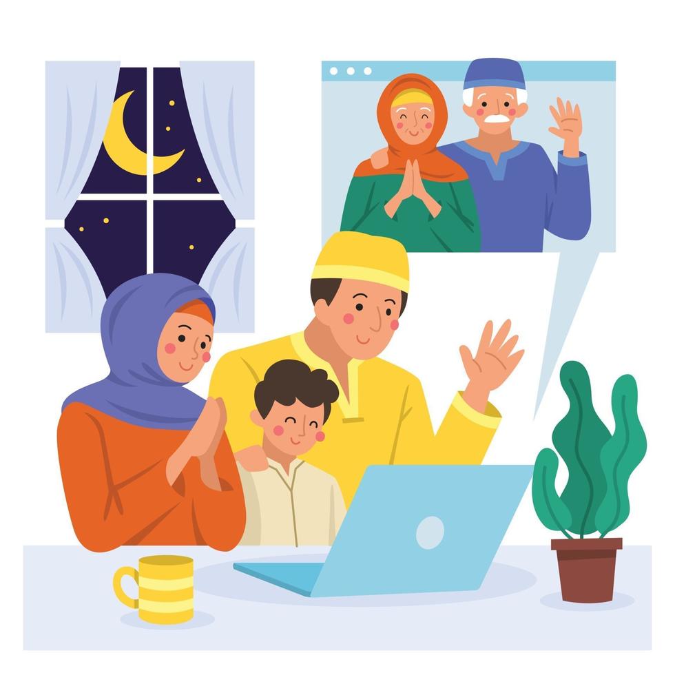 Ramadan Family Gathering Through Video Call vector