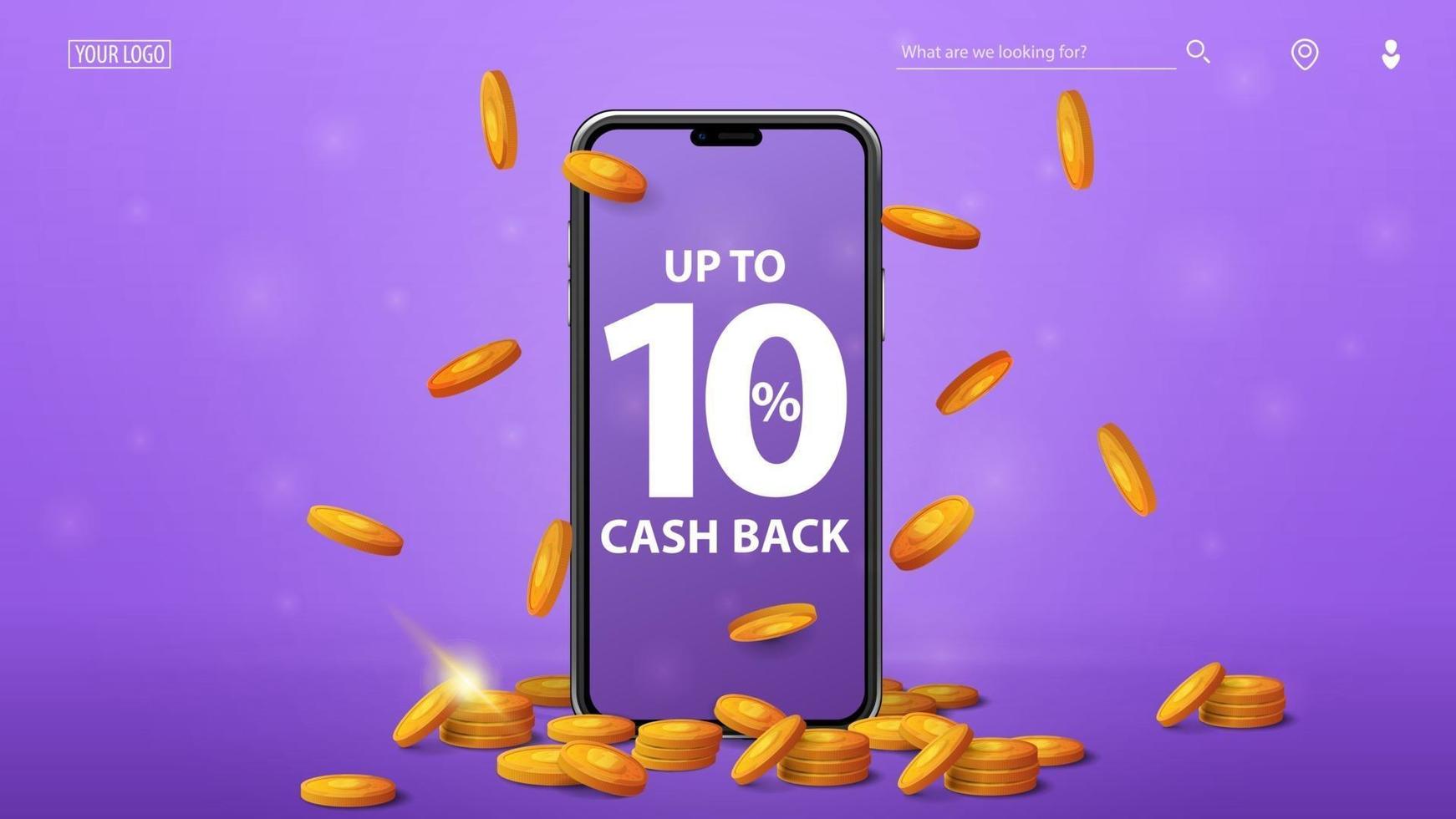 Purple cashback banner with smartphone with offer on screen gold coins around and gold coins falling from the top vector