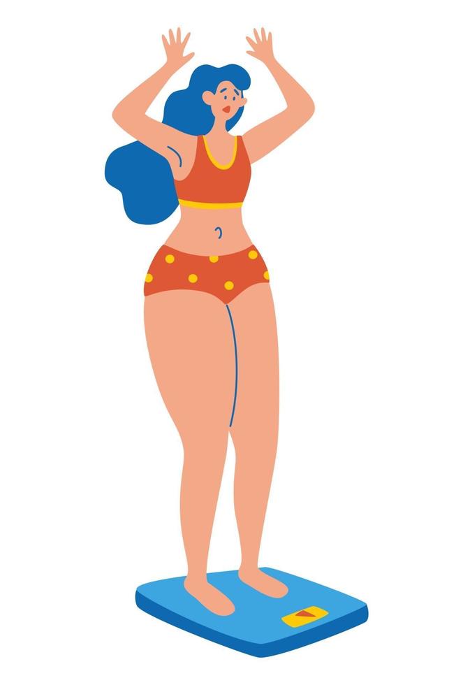 Young woman stands on scales. The girl is dissatisfied with her weight. Excess weight problems. vector