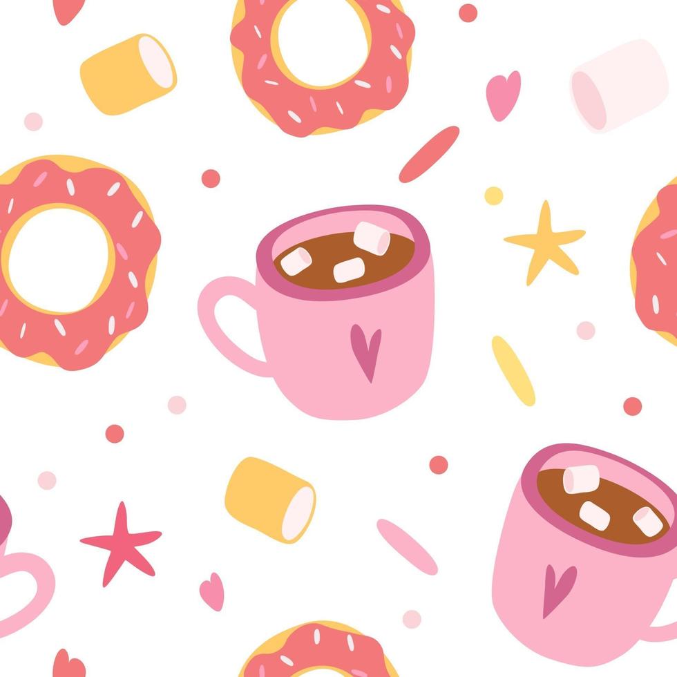 donut de patrones sin fisuras y taza de café. patrón sin costuras para tela, papel tapiz, pancarta o papel de regalo. vector