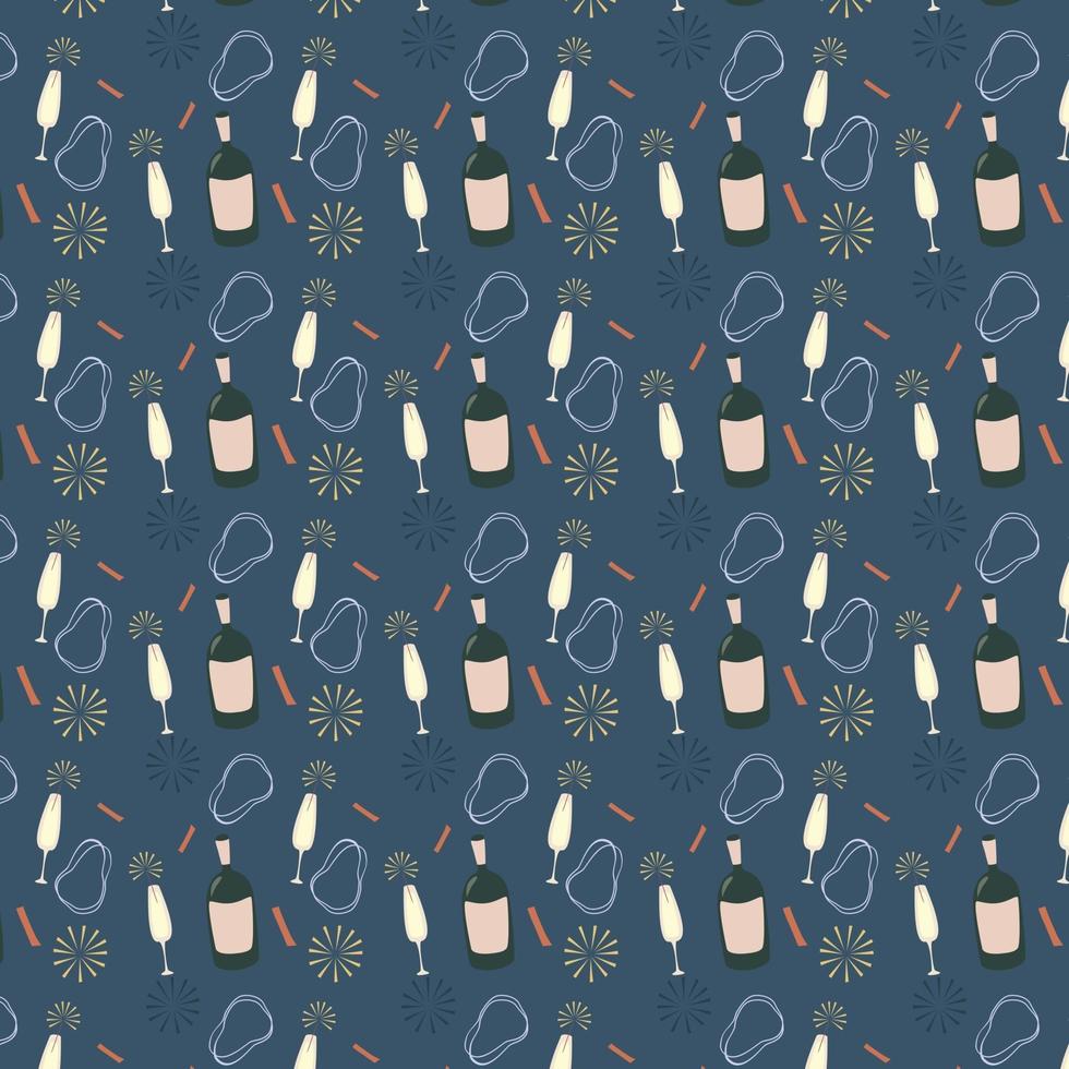 Champagne bottles and glasses vector pattern on blue background. Party invitation, holiday card.