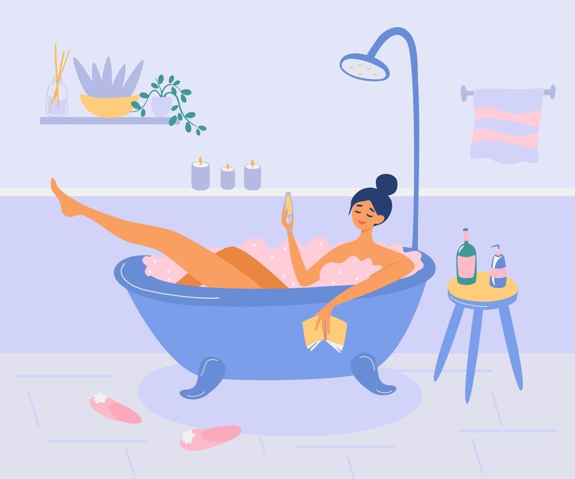 chica se encuentra en el baño con burbujas de espuma. la dama bebe vino, lee un libro y se relaja. hora del baño, spa en casa. vector