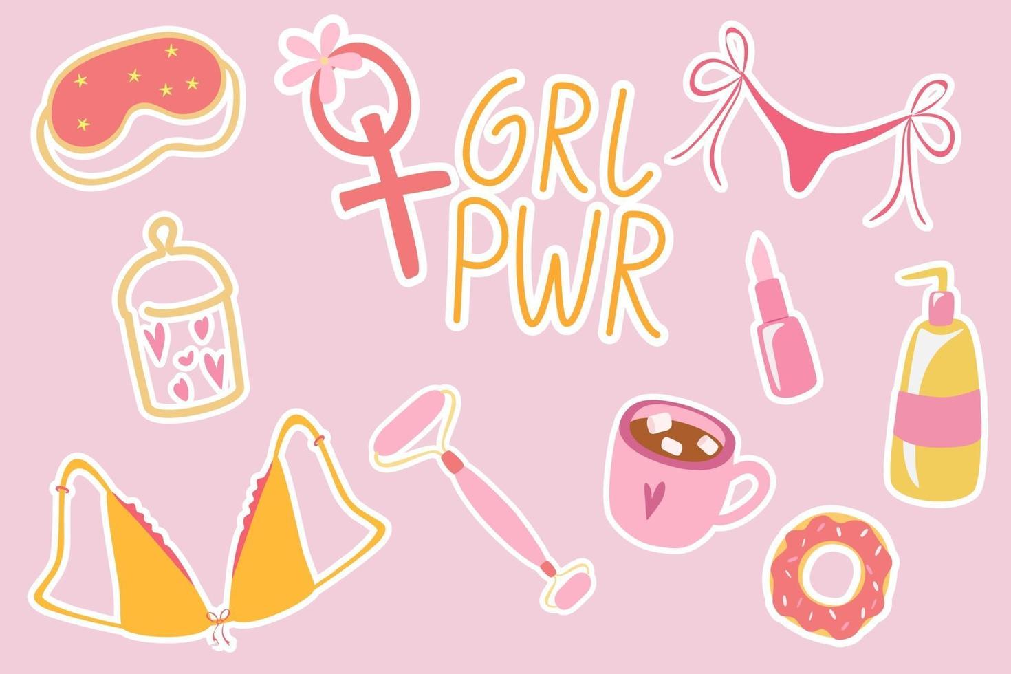 Pop art fashion girls party patches, color stickers. Girls stuff like makeup, lipstick, sleep mask, coffee mug, underwear, donut, girls power. vector