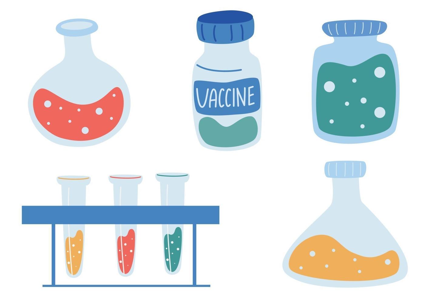 elementos médicos aislados. vacuna, jeringa, frascos de vidrio, medicamentos. Prueba de vacuna de coronavirus. vector