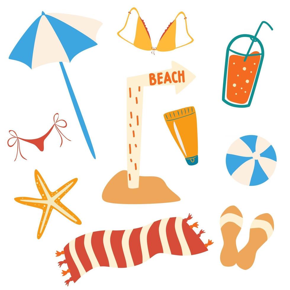 Set of summer items and beach objects. Beach accessories, umbrella, flip flops, towel, swimsuit, cocktail, ball, starfish, sign beach. vector