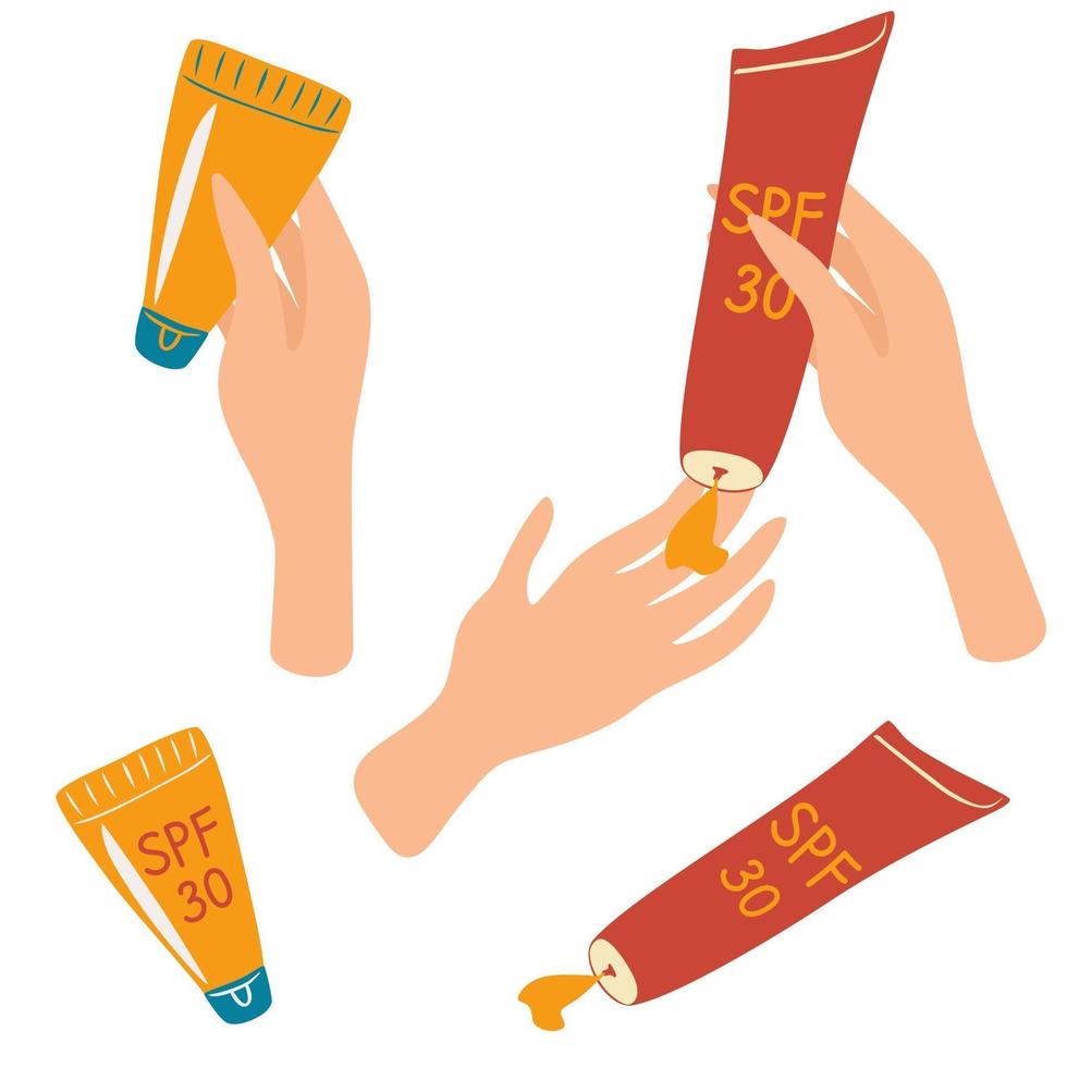 Hands squeeze sunscreen lotion. Bottle with sunscreen. Skin care concept. Protection against skin cancer. vector