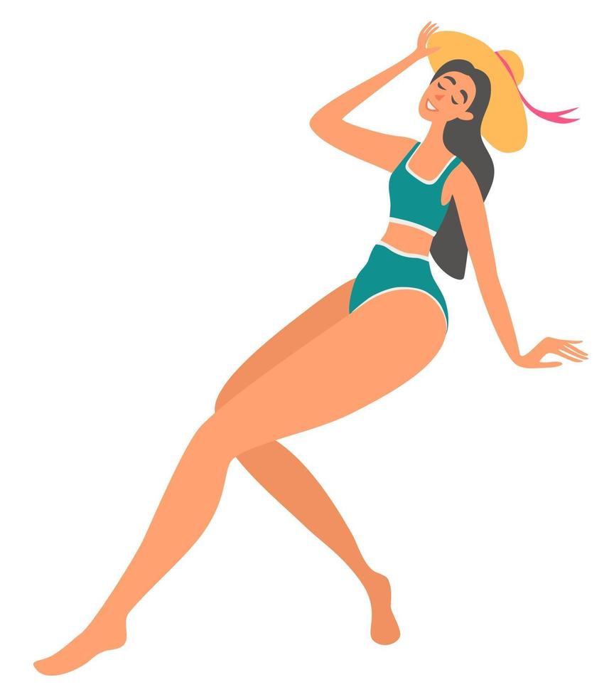 hermosa niña feliz en bikini y sombrero. vacaciones de verano. mujer joven disfrutando de las vacaciones de verano. vector