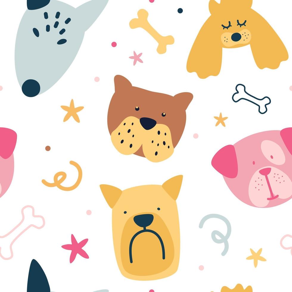 infantil de patrones sin fisuras con lindos perros creativos. textura en estilo escandinavo. Ilustración de dibujos animados de animales sin costuras. vector