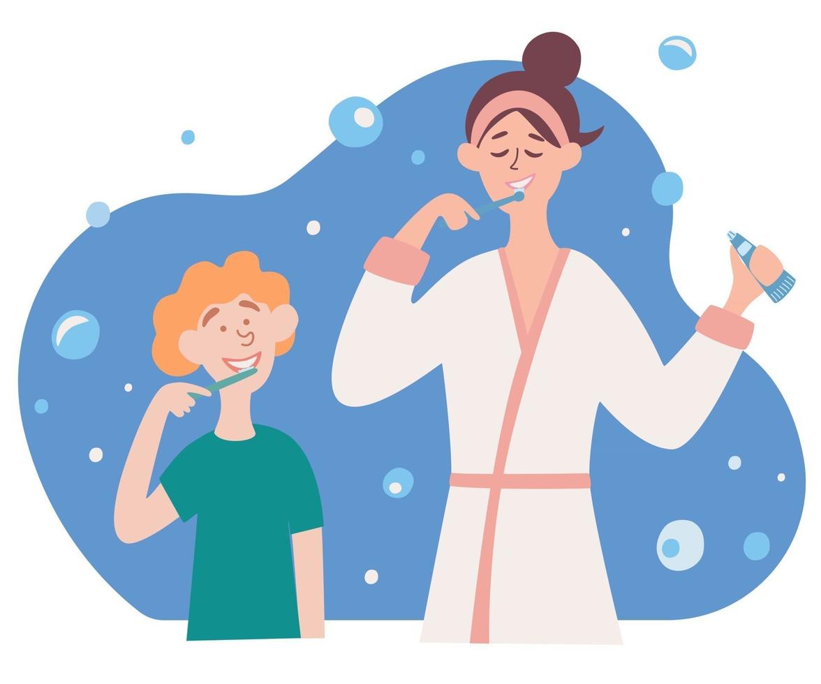 Family brush teeth. Vector illustration of Mother and Son Brushing Their Teeth Together. Mouth Hygiene.