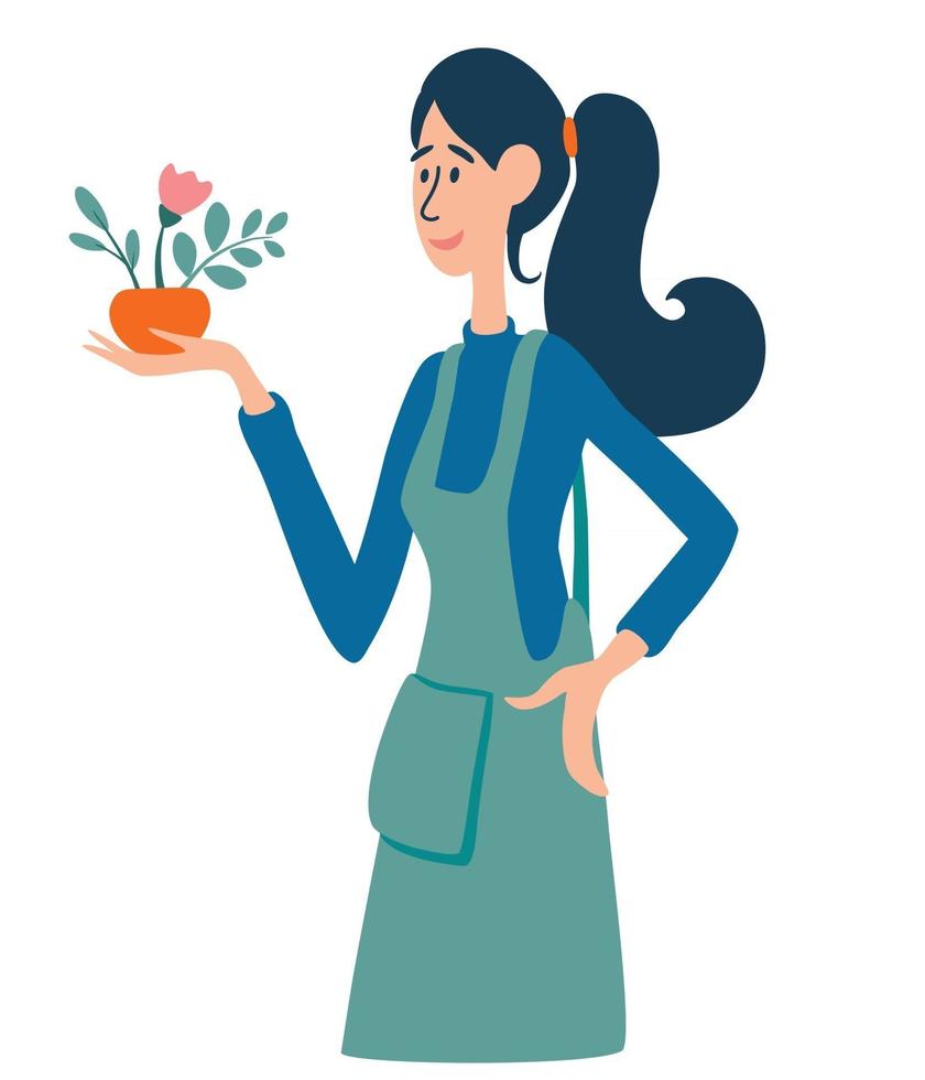 A young beautiful woman holds a pot with a plant in her hands. Flower shop, flower shop employee. vector