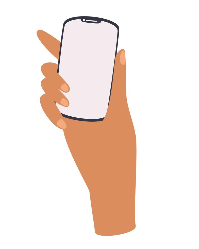 mano que sostiene el teléfono móvil con pantalla en blanco. utilizando un teléfono inteligente móvil, concepto de diseño plano. vector