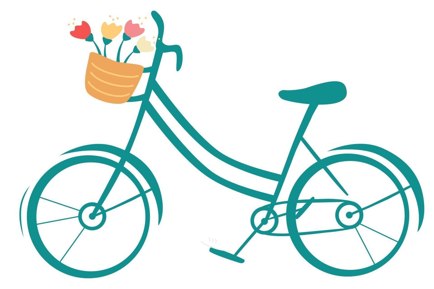 bicicleta retro de dibujos animados con cesta de flores. saludo banner de primavera. paseo de temporada. vector