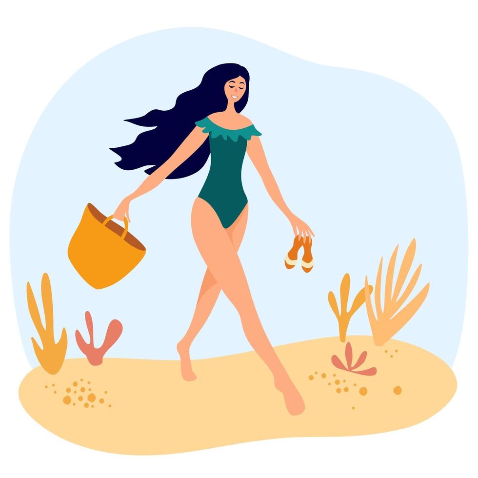 Cute girl in a swimsuit walks on the beach with a bag and flip flops. Women relaxing at summer resort. vector