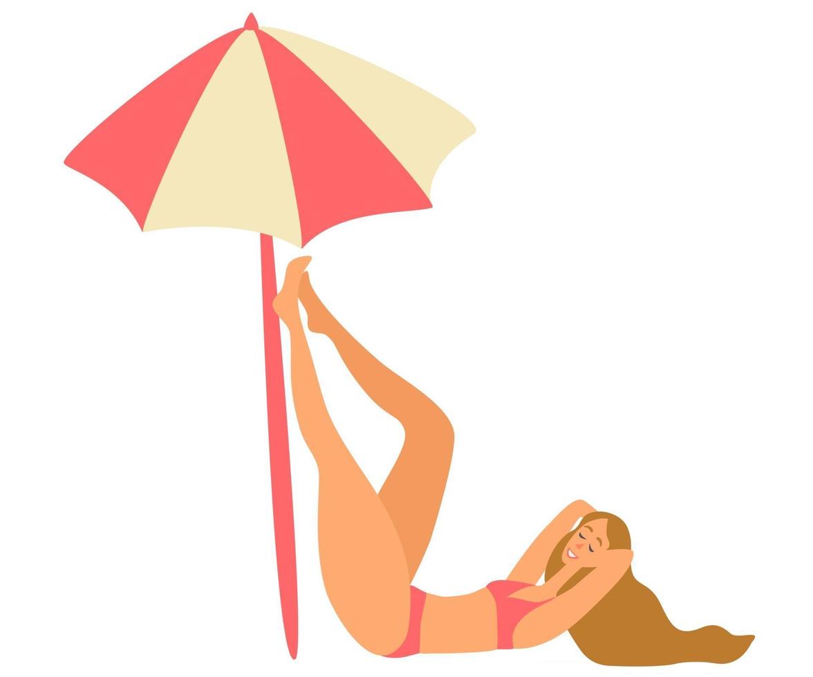 Beautiful smiling tanned girl lies lifting legs up under striped umbrella. Summertime vector illustration.