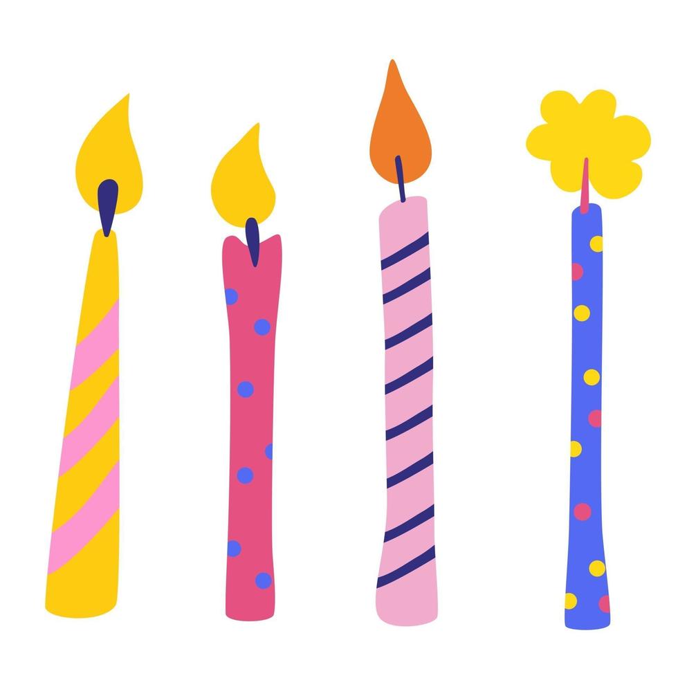 Birthday candles vector set. Festive accessories. Multicolor burning