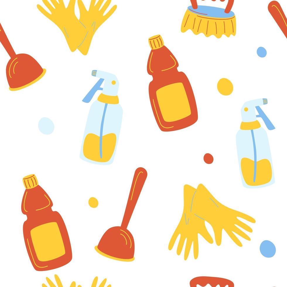 Cleaning service seamless pattern. Funny cartoon pattern of cleaning tools. Eco friendly household cleaning supplies. Products for house washing. vector