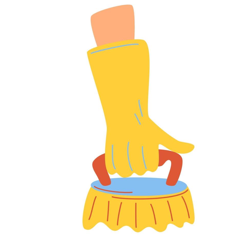 Hand holding brush for clean. Human hand in yellow rubber glove with cleaning tool. vector