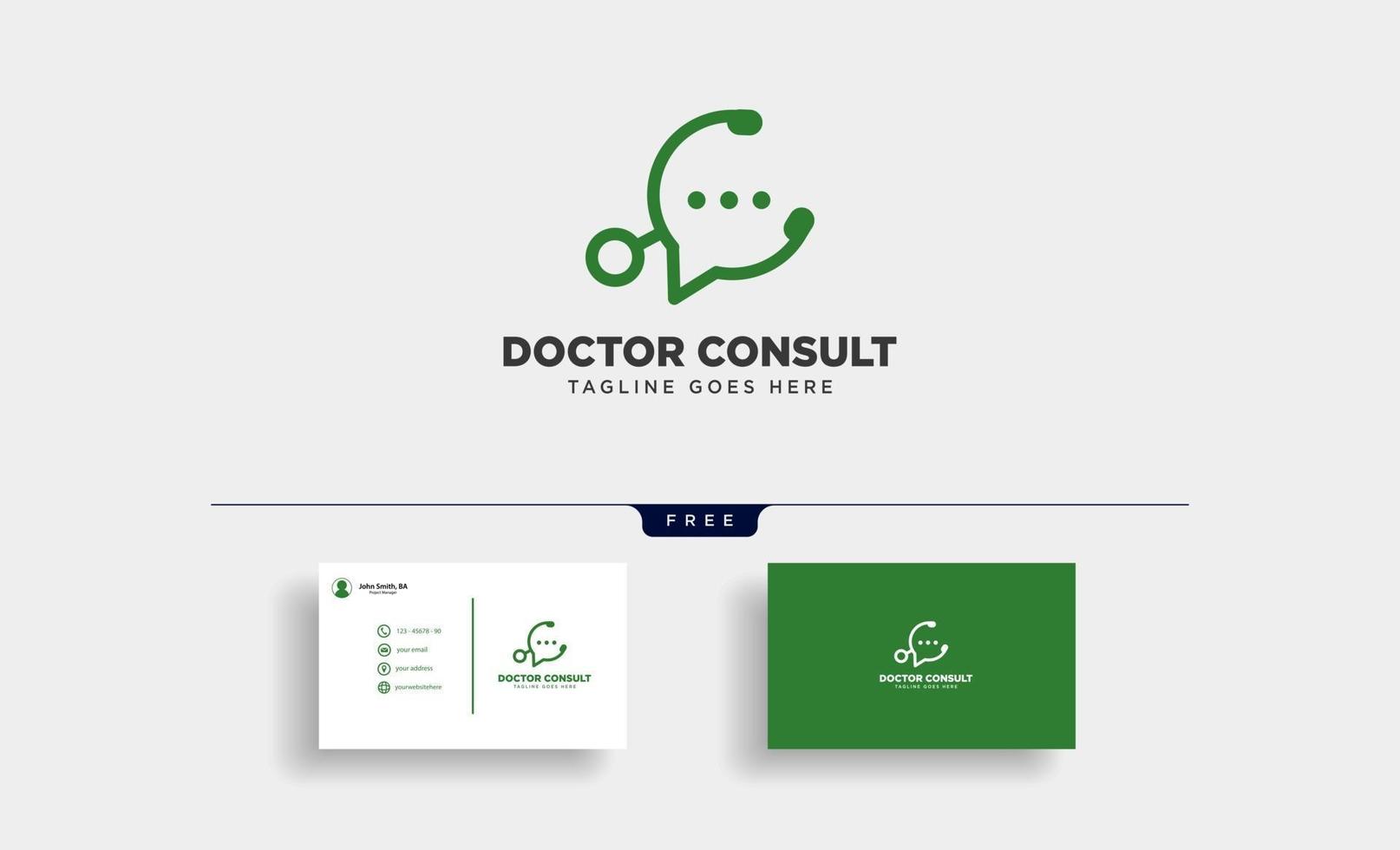 Plantilla de logotipo de comunicación de mensajes de consultor médico con elementos de icono de tarjeta de negocios aislados vector