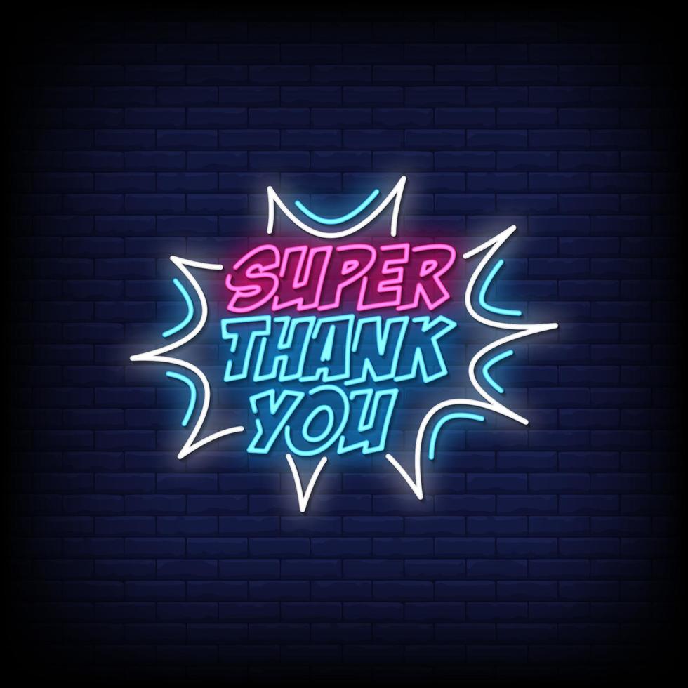 super gracias letreros de neón estilo vector de texto