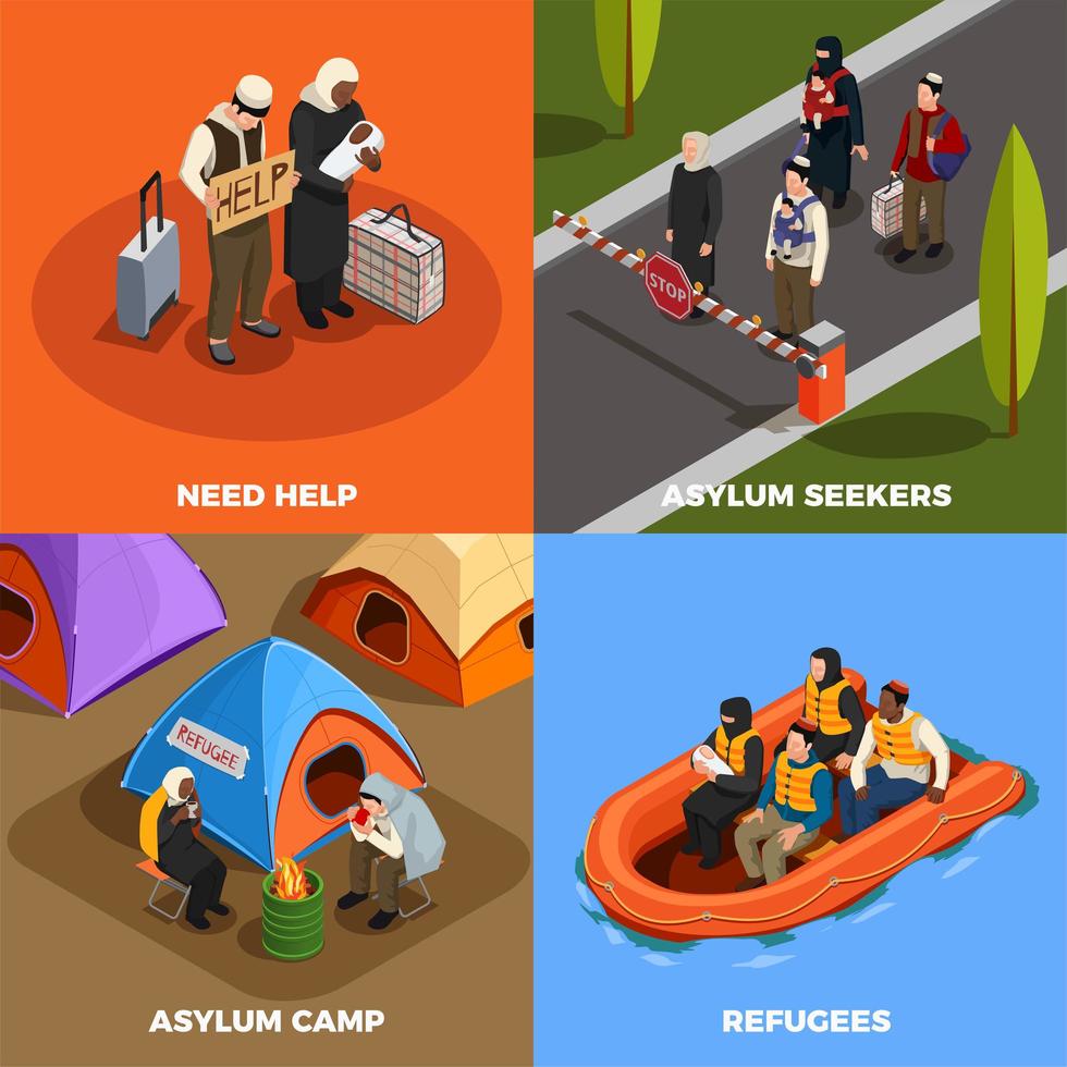 Ilustración de vector de concepto de diseño de refugiados isométricos