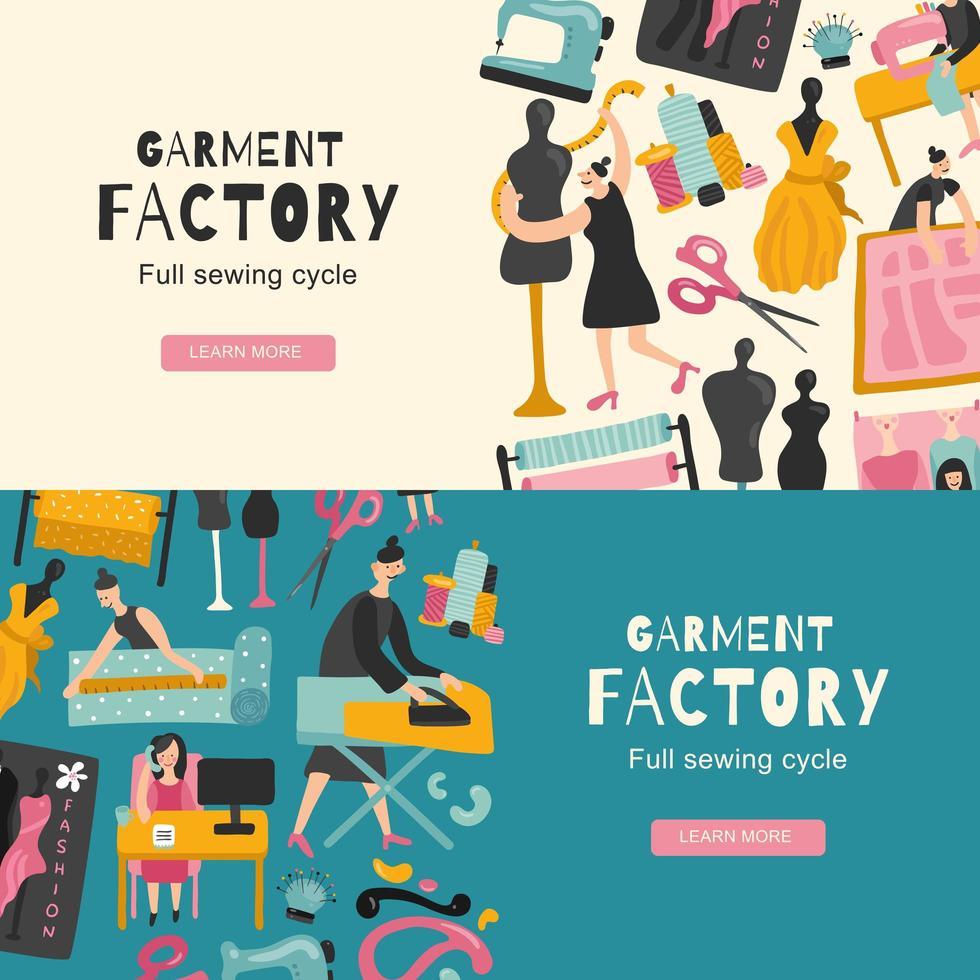 Ilustración de vector de banners horizontales de fábrica de ropa