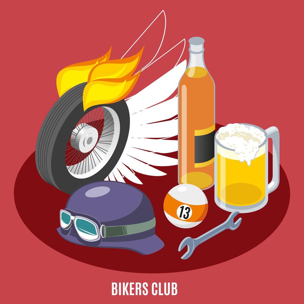 Bikers Attributes Isometric Composition Vector Illustration