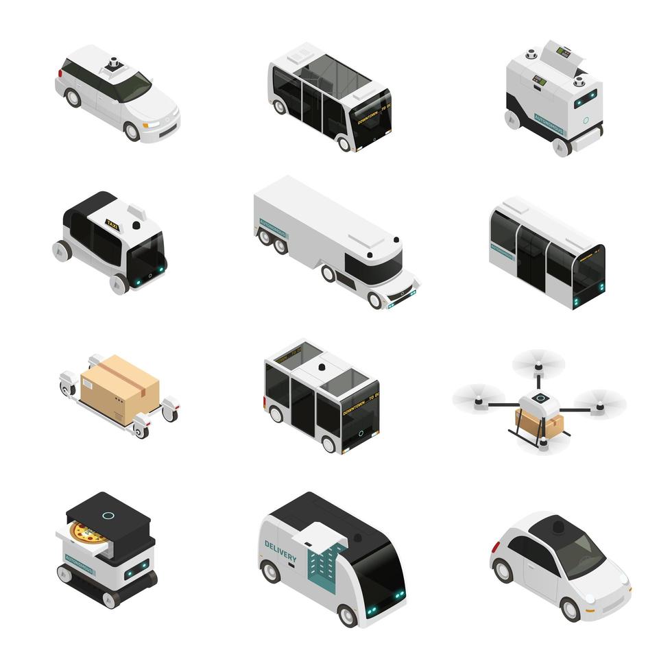 Autonomous Vehicles Isometric Icons Vector Illustration