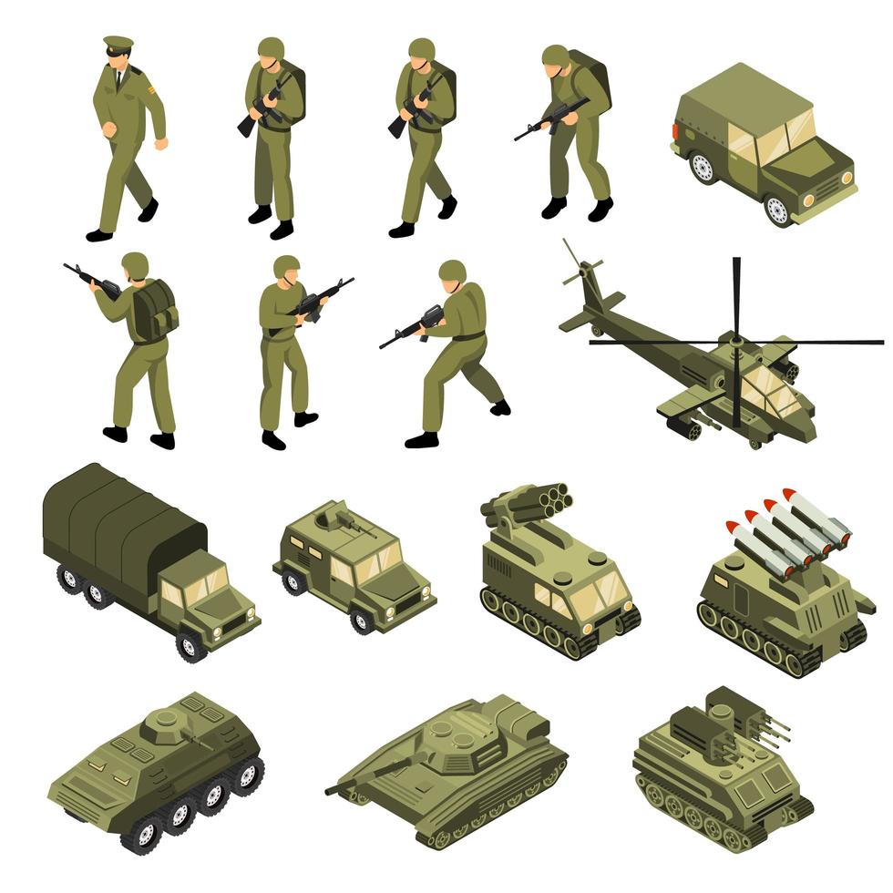 ejército, isométrico, icono, conjunto, vector, ilustración vector