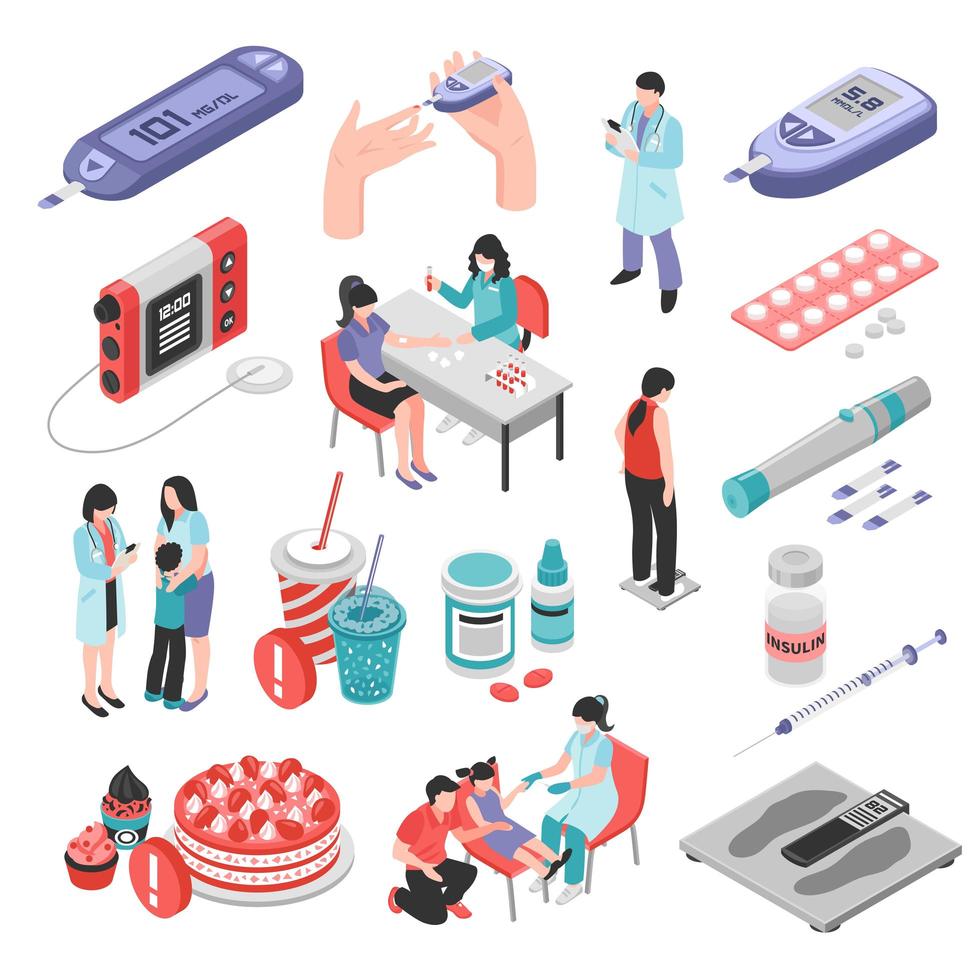 Diabetes Treatment Isometric Set Vector Illustration