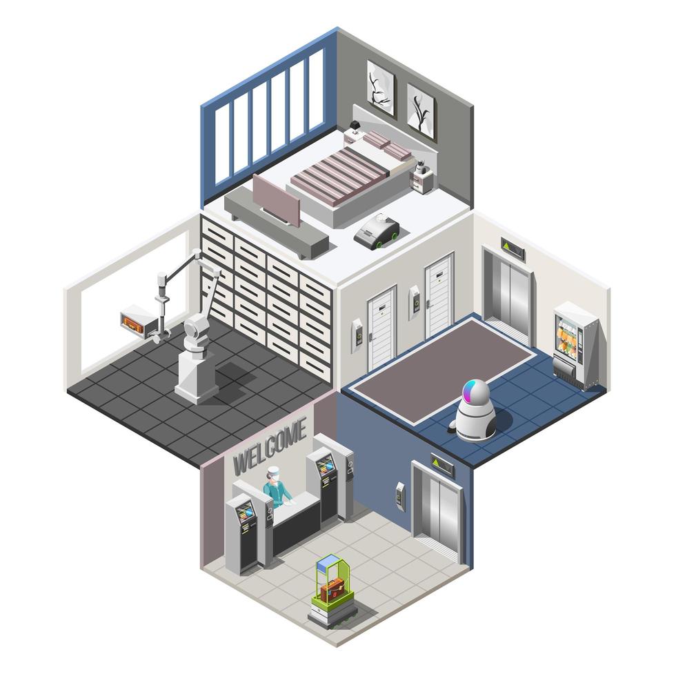 Robotized Hotels Isometric Interior Vector Illustration