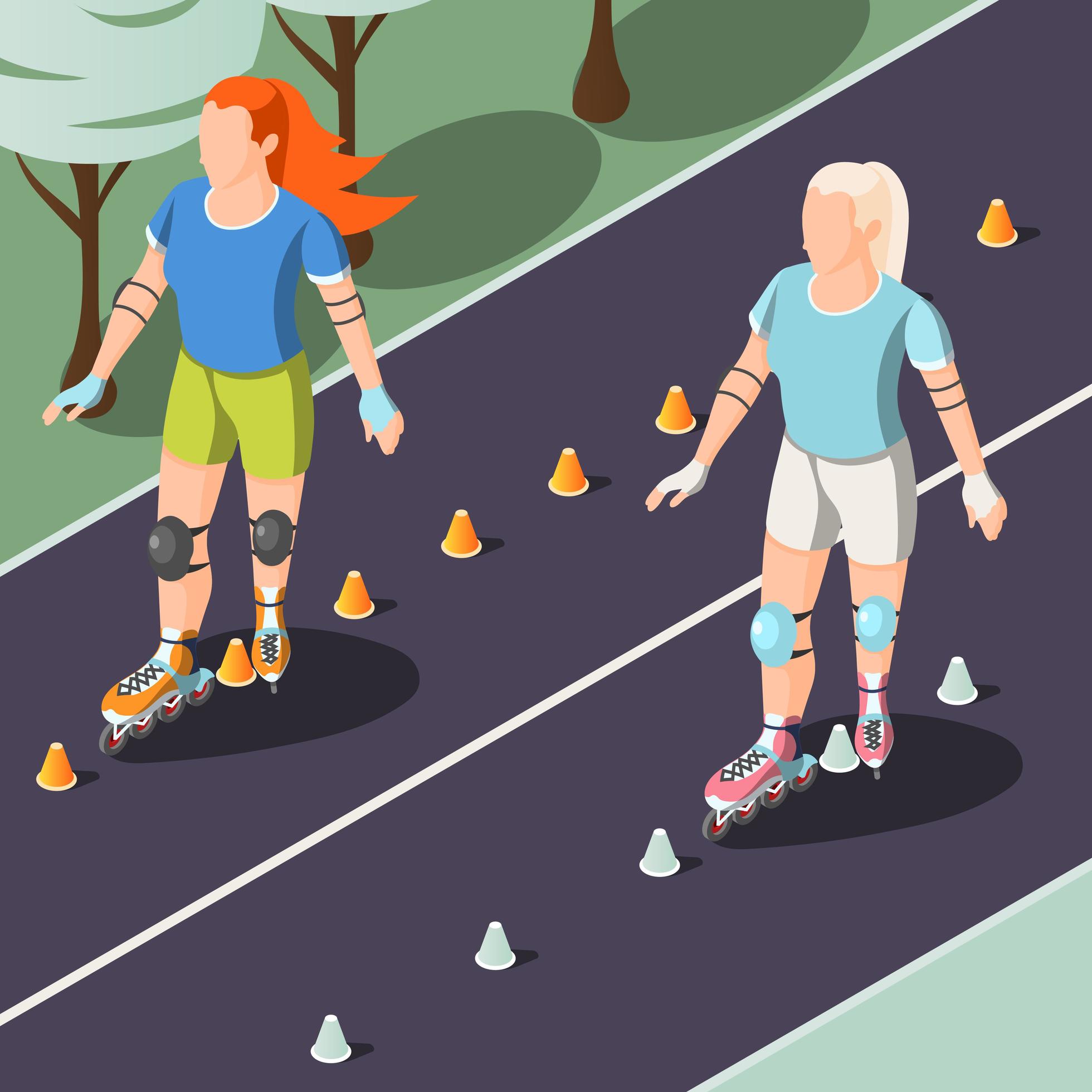 Two Young Women Riding On Rollers Vector Illustration 2415379 Vector