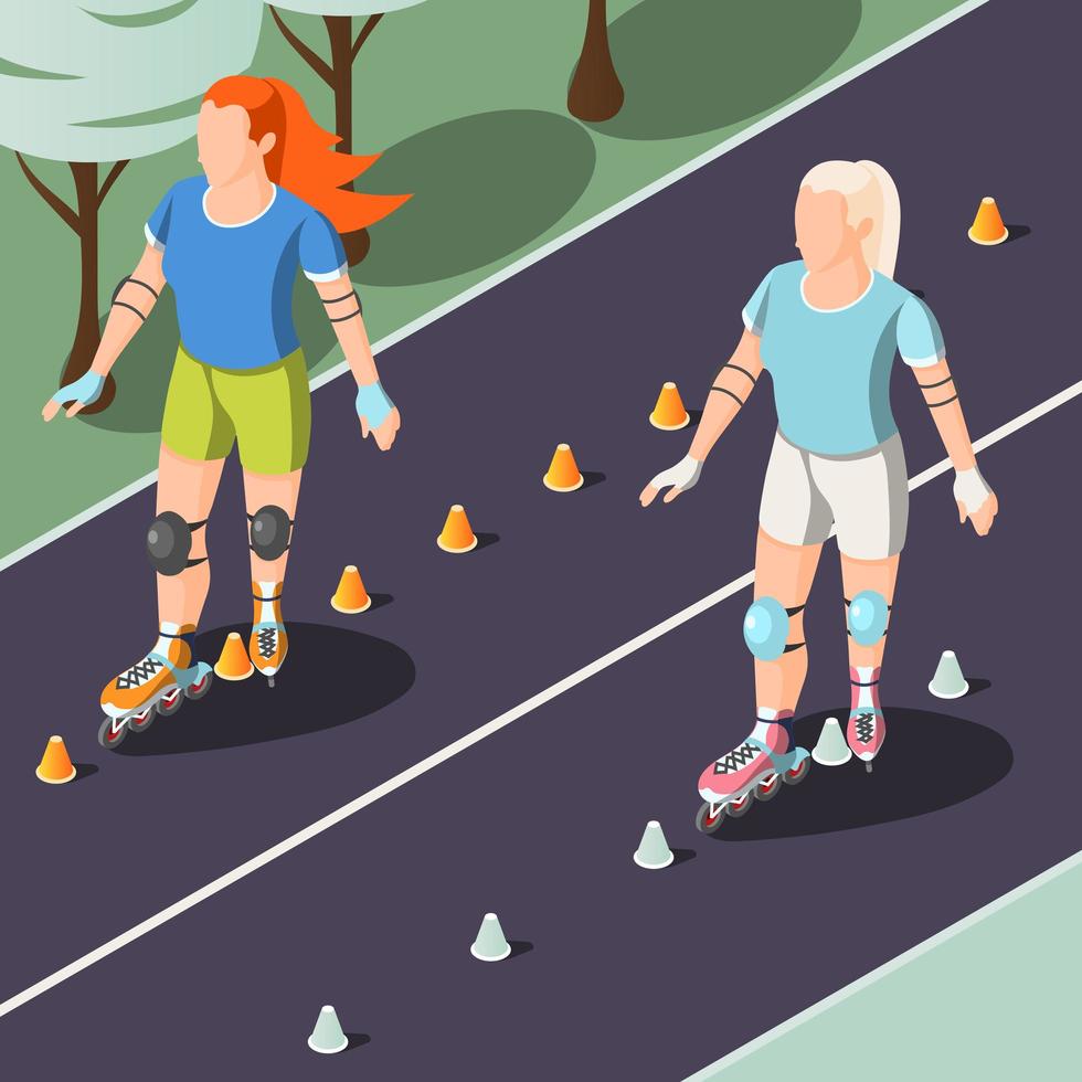 Two Young Women Riding On Rollers Vector Illustration