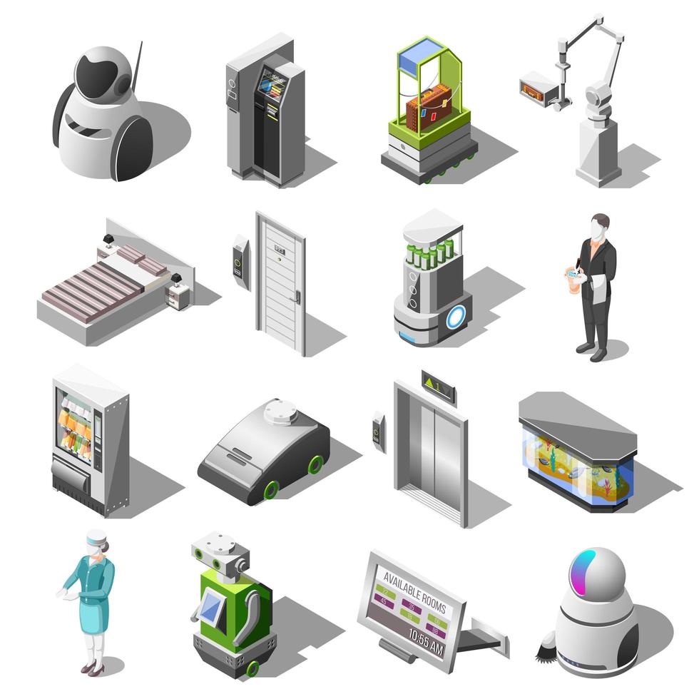 Ilustración de vector de iconos isométricos de hoteles robotizados