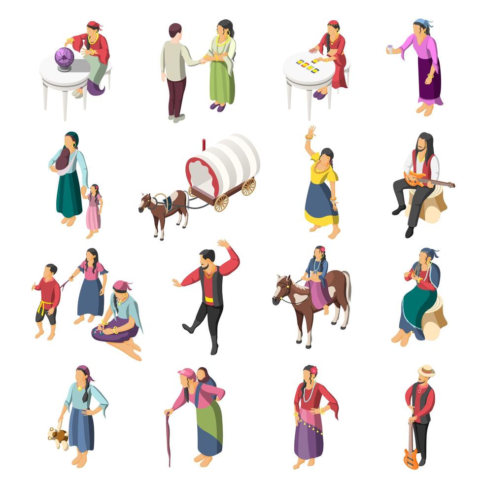 Gypsies Isometric Icons Set Vector Illustration