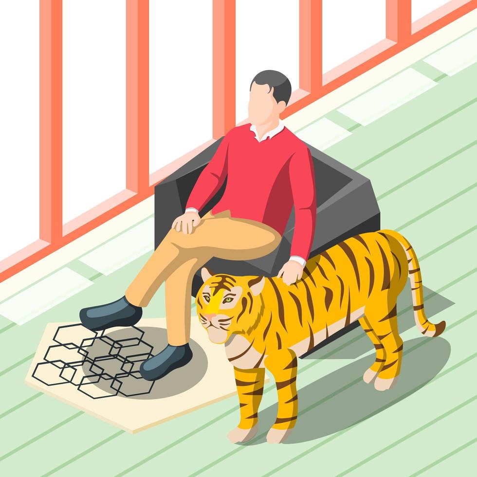 Rich Man Patting Tiger Vector Illustration