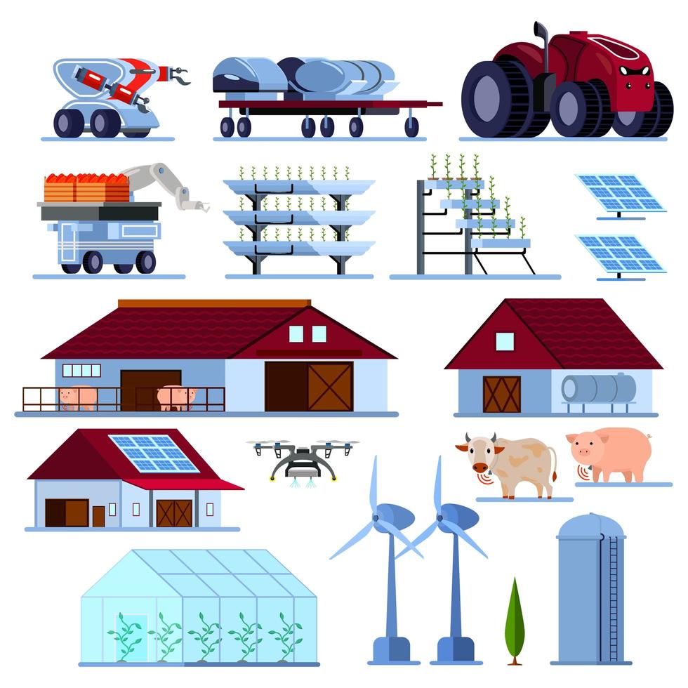 Ilustración de vector de conjunto plano ortogonal de agricultura inteligente