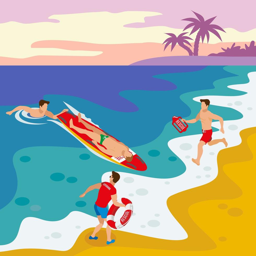 Beach Lifeguards Isometric Poster Vector Illustration
