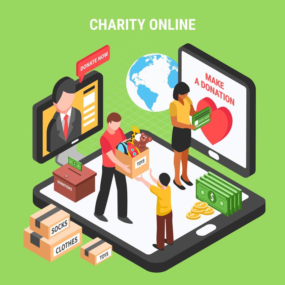 Charity Online Isometric Composition Vector Illustration