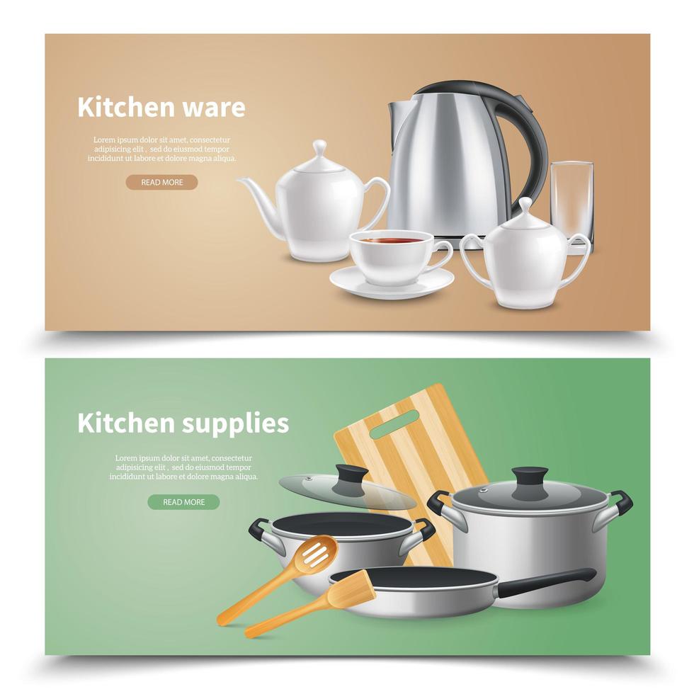 Ilustración de vector de banners de suministros de cocina realista