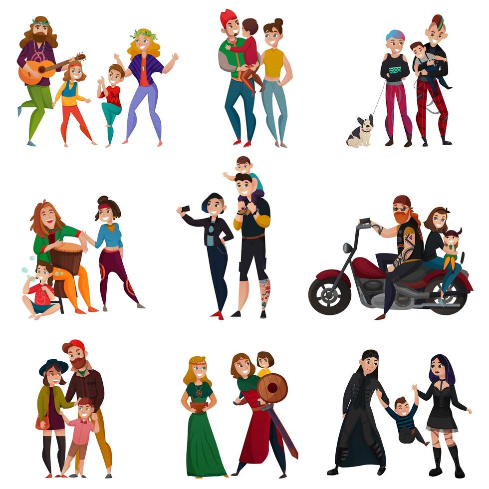 Ilustración de vector de conjunto de dibujos animados de familias de subculturas