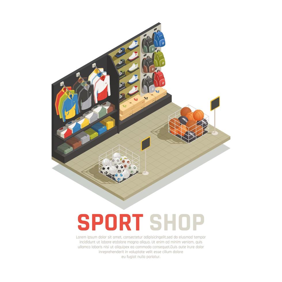 Ilustración de vector de composición isométrica de tienda de deporte