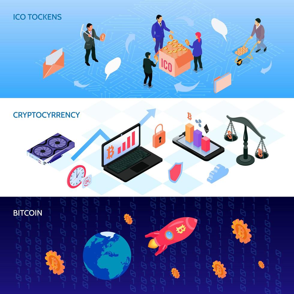 Ilustración de vector de banners isométricos de moneda criptográfica