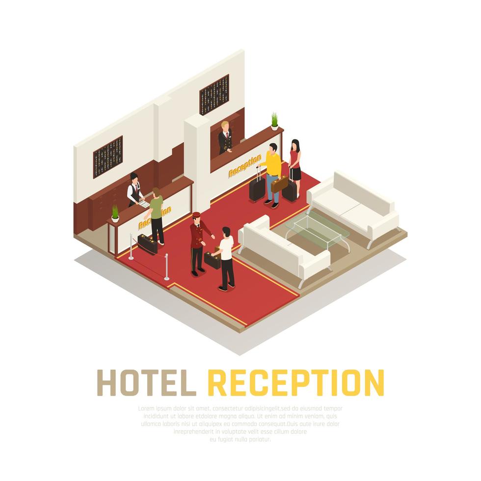 Ilustración de vector de composición isométrica de recepción de hotel