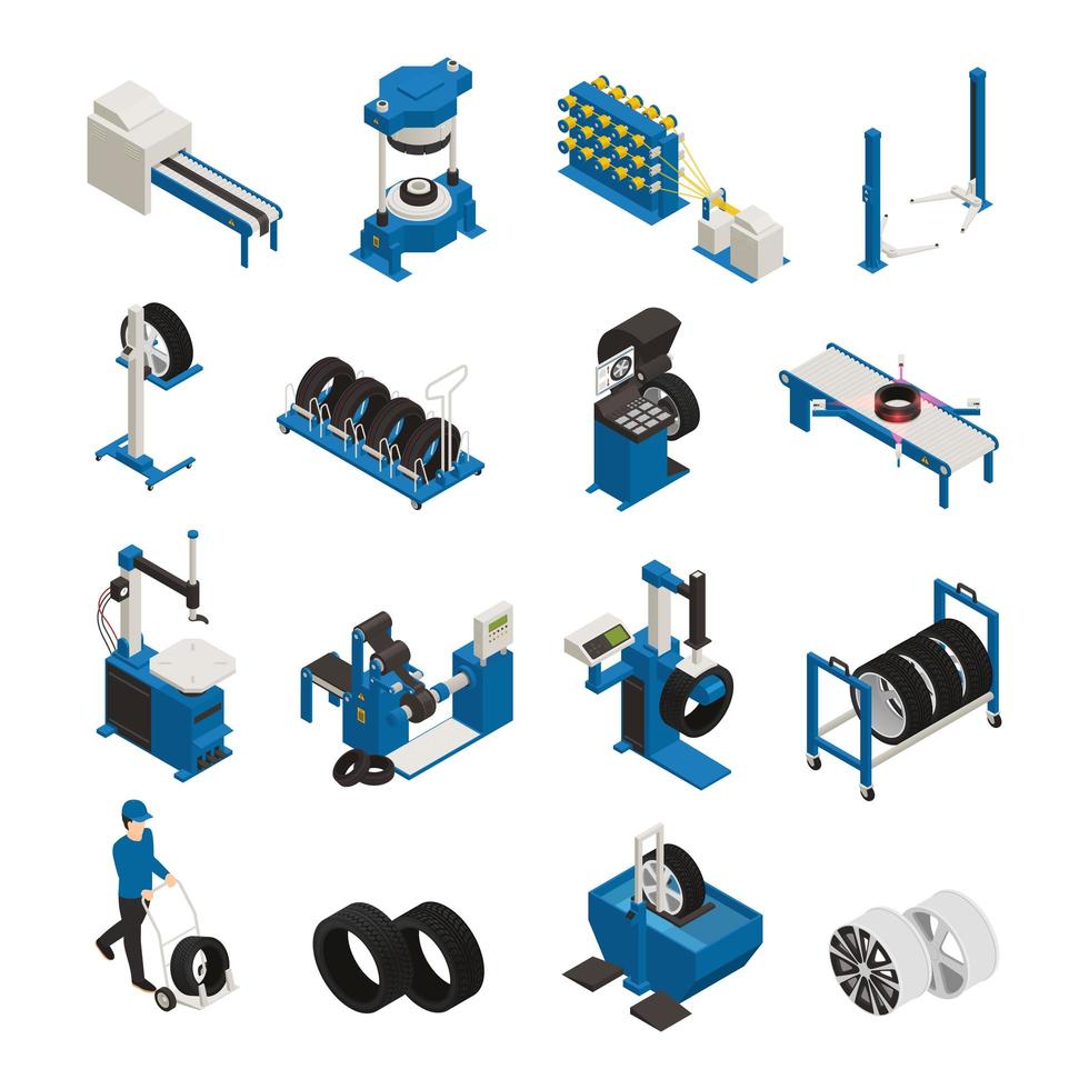 Ilustración de vector de iconos isométricos de producción de neumáticos