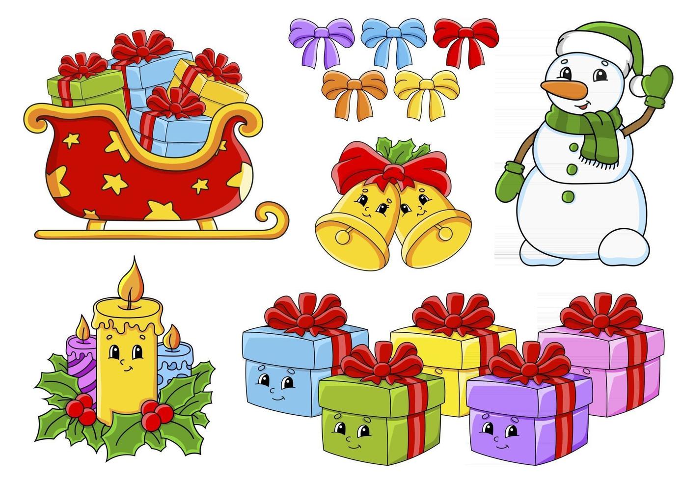 Set of Christmas stickers with cute cartoon characters vector