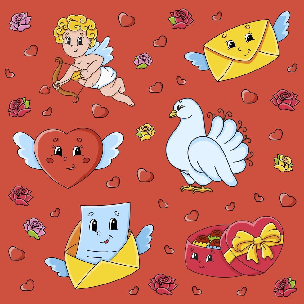 Set of stickers with cute cartoon characters Valentine's Day vector