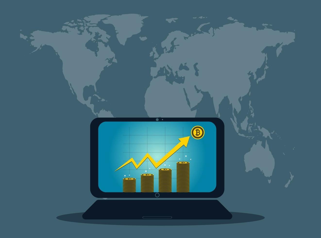 Concepto de computadora portátil de negocios símbolo en pantalla icono de oro bitcoin para tabla de crecimiento en el mapa de fondo del mundo vector